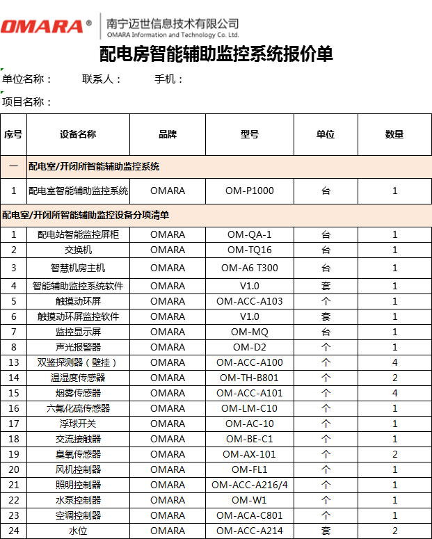 配电房标准辅助监控系统配置的报价单